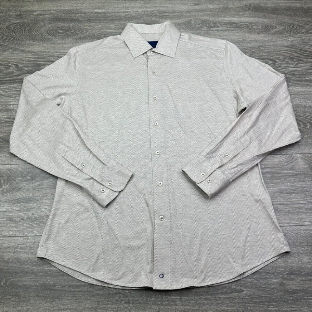 David Donahue Dress Shirt Men's White Beige Geometric Size Large 16.5 Button Up